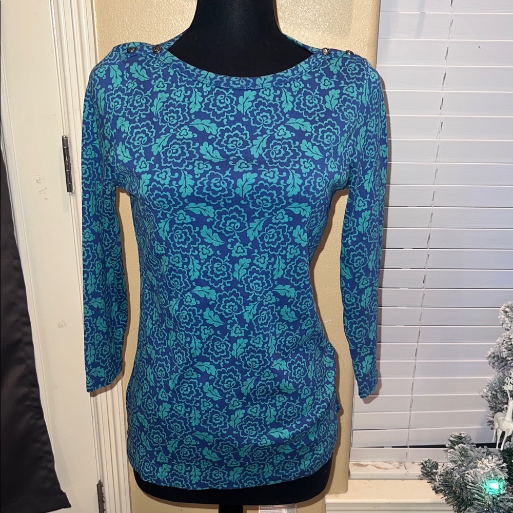Land’s End Teal Floral 3/4 Sleeve Top